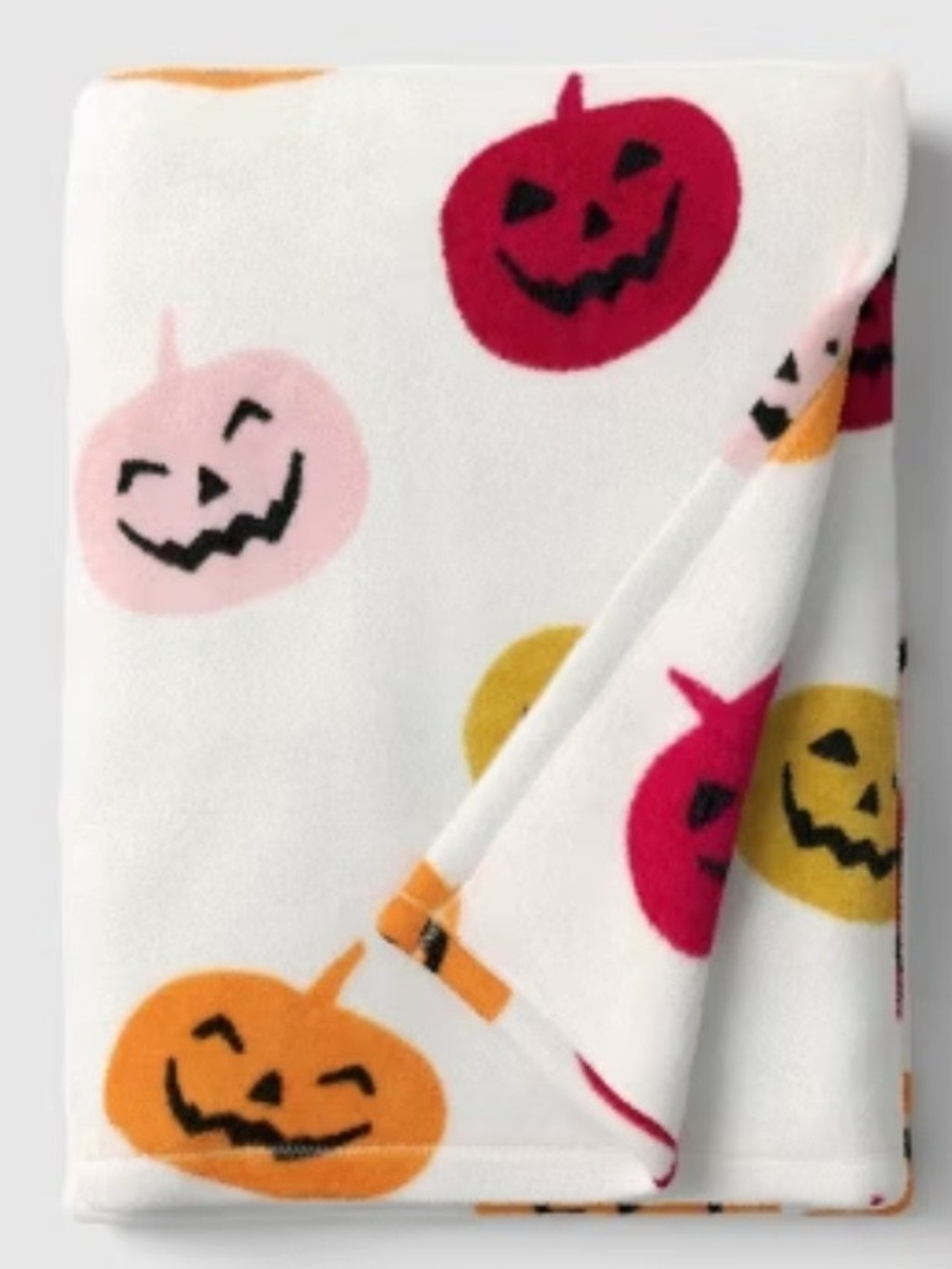 Kids Halloween Pumpkin Blanket - White with Orange, Pink & Yellow Pumpkins